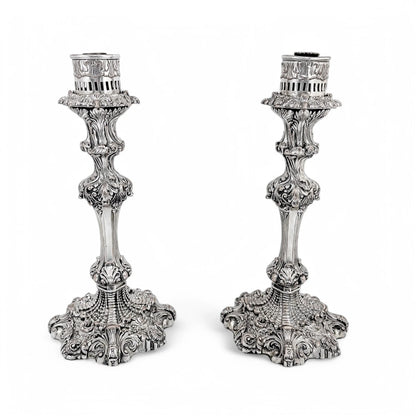 1790's Old Sheffield plate tall candlesticks with hurricane glass shades