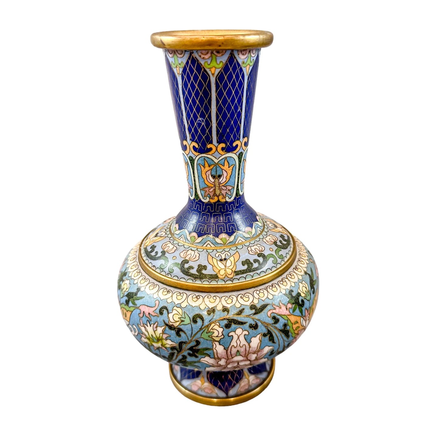 Chinese Republic blue cloisonné enamel and bronze butterfly and floral vase