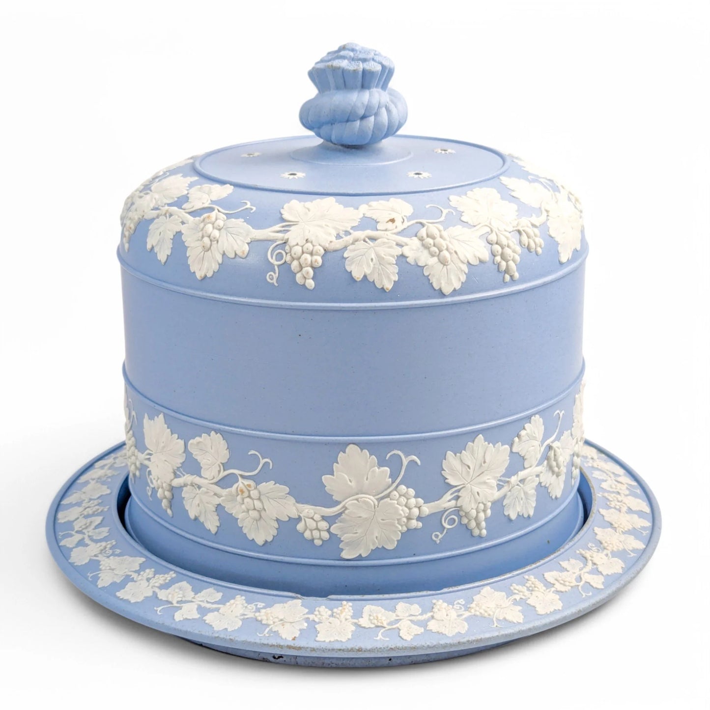 Antique English Wedgwood style blue jasperware cheese dome and stand with grapevine decoration, 19th century