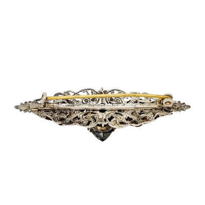 Edwardian Scottish silver blue rhinestone filigree leaf brooch
