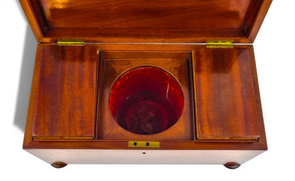 Regency mahogany twin tea caddy, original canisters