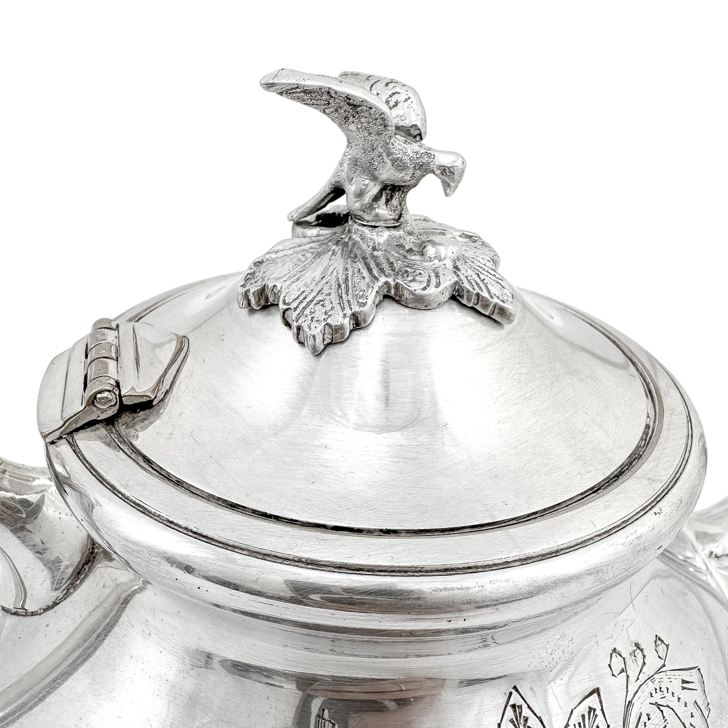 Victorian silver plated large four-piece tea and coffee set with bird finials to lids