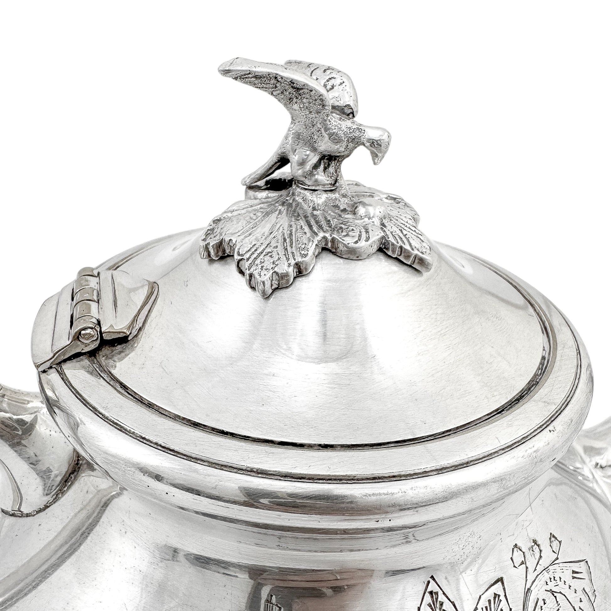 Victorian silver plated large four-piece tea and coffee set with bird finials to lids