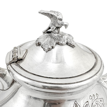 Victorian silver plated large four-piece tea and coffee set with bird finials to lids