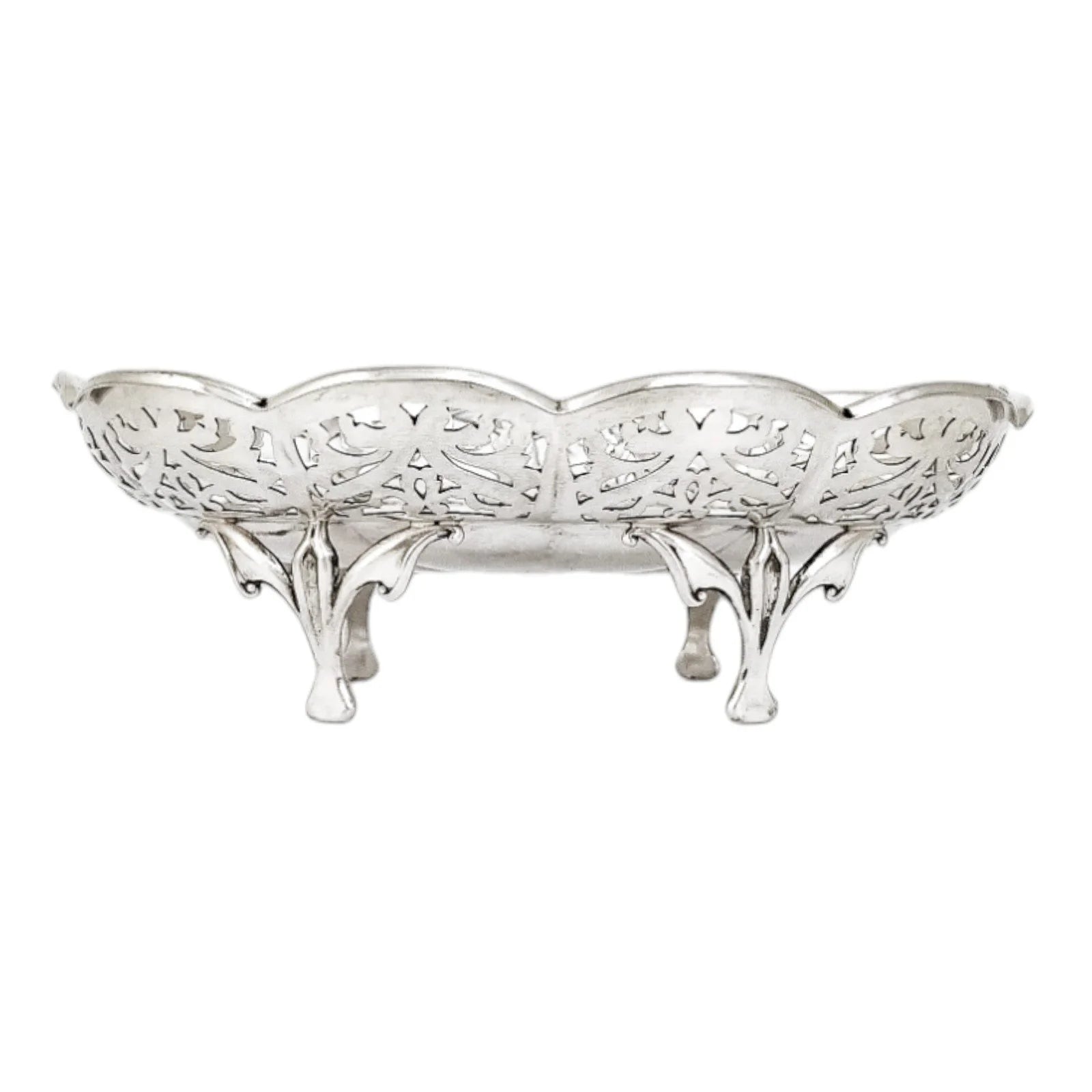 Art Nouveau sterling silver oval bonbon basket snack bowl on cast feet, pierced with scrolls