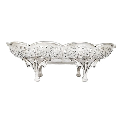 Art Nouveau sterling silver oval bonbon basket snack bowl on cast feet, pierced with scrolls