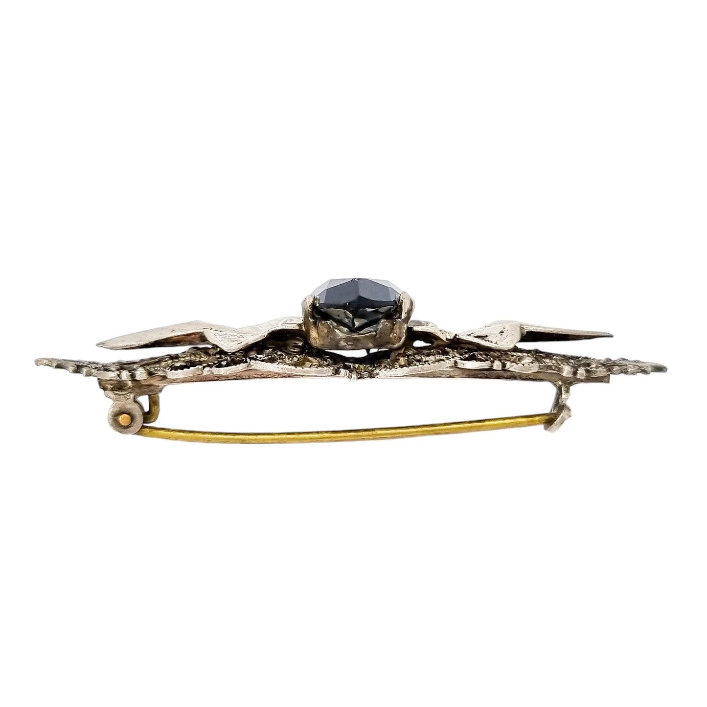 Edwardian Scottish silver blue rhinestone filigree leaf brooch