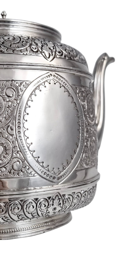 Antique Victorian silver plated three-piece tea set, Rococo Revival and Aestheticism, c. 1880s