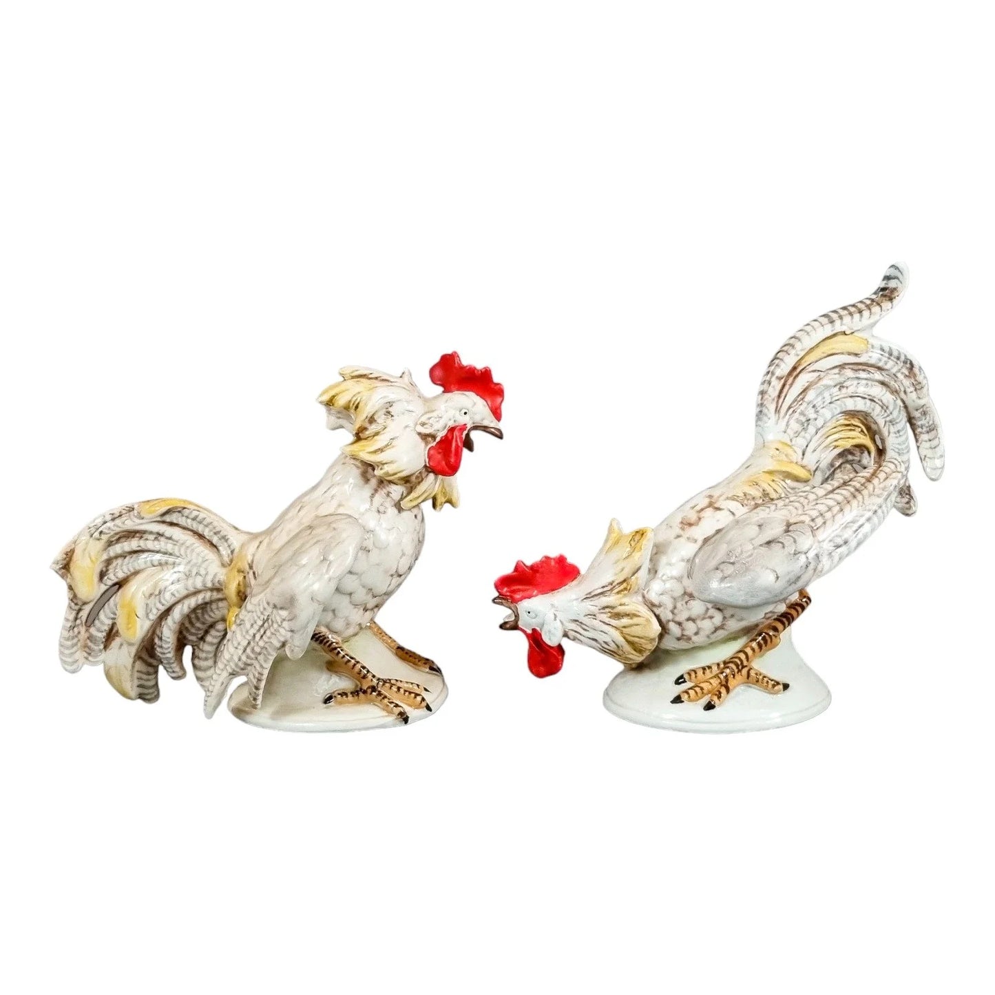 Italian ceramic figurines of roosters, hand-painted in bright polychrome enamels c. 1960's