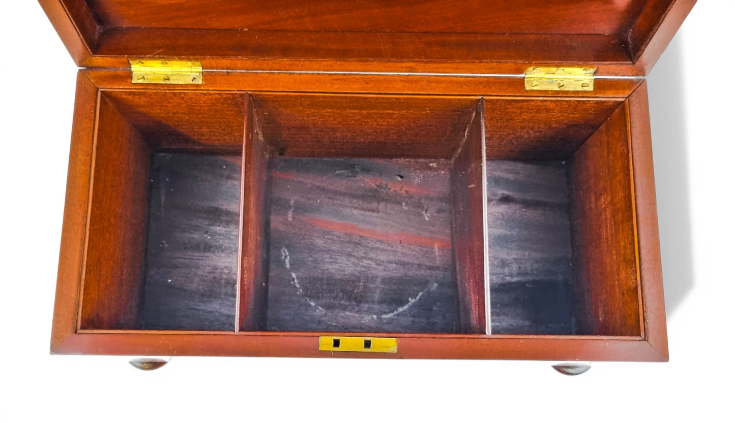 Regency mahogany twin tea caddy, original canisters