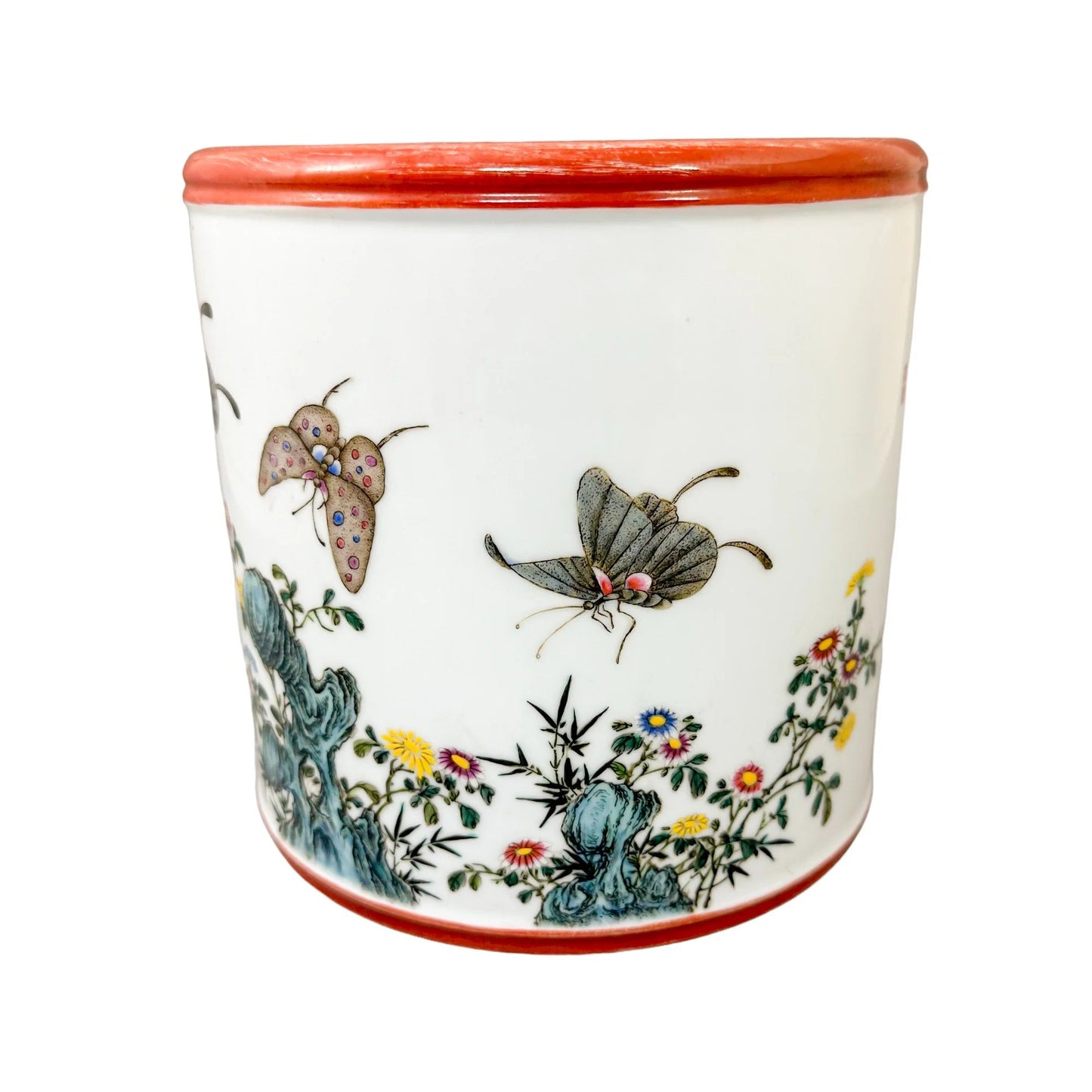 Chinese Republic porcelain brush pot in Yongzheng style with a butterfly and floral design