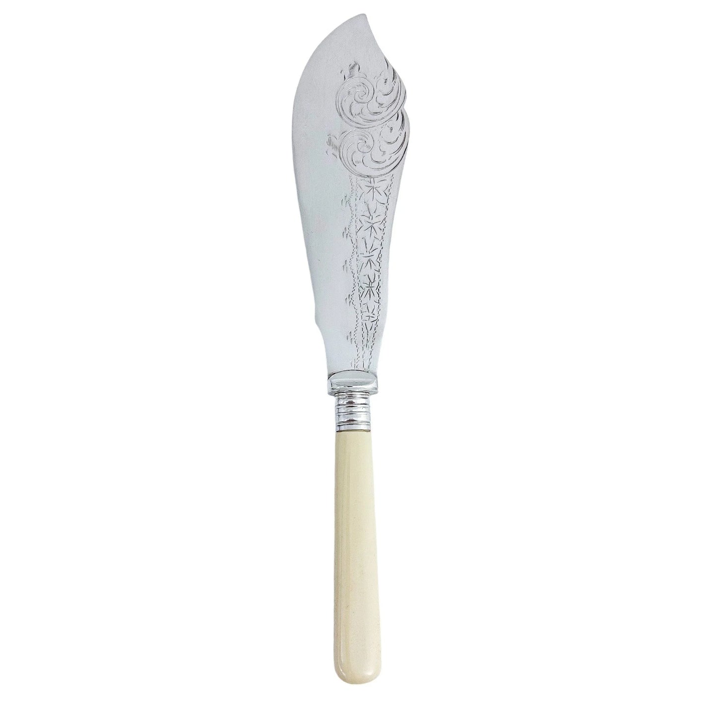 Victorian fish servers engraved with oak leaves, foliage and scrolls