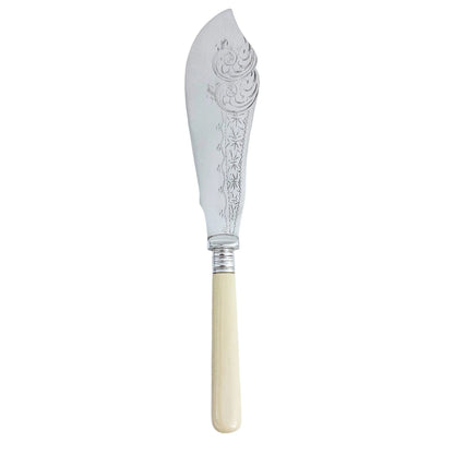 Victorian fish servers engraved with oak leaves, foliage and scrolls