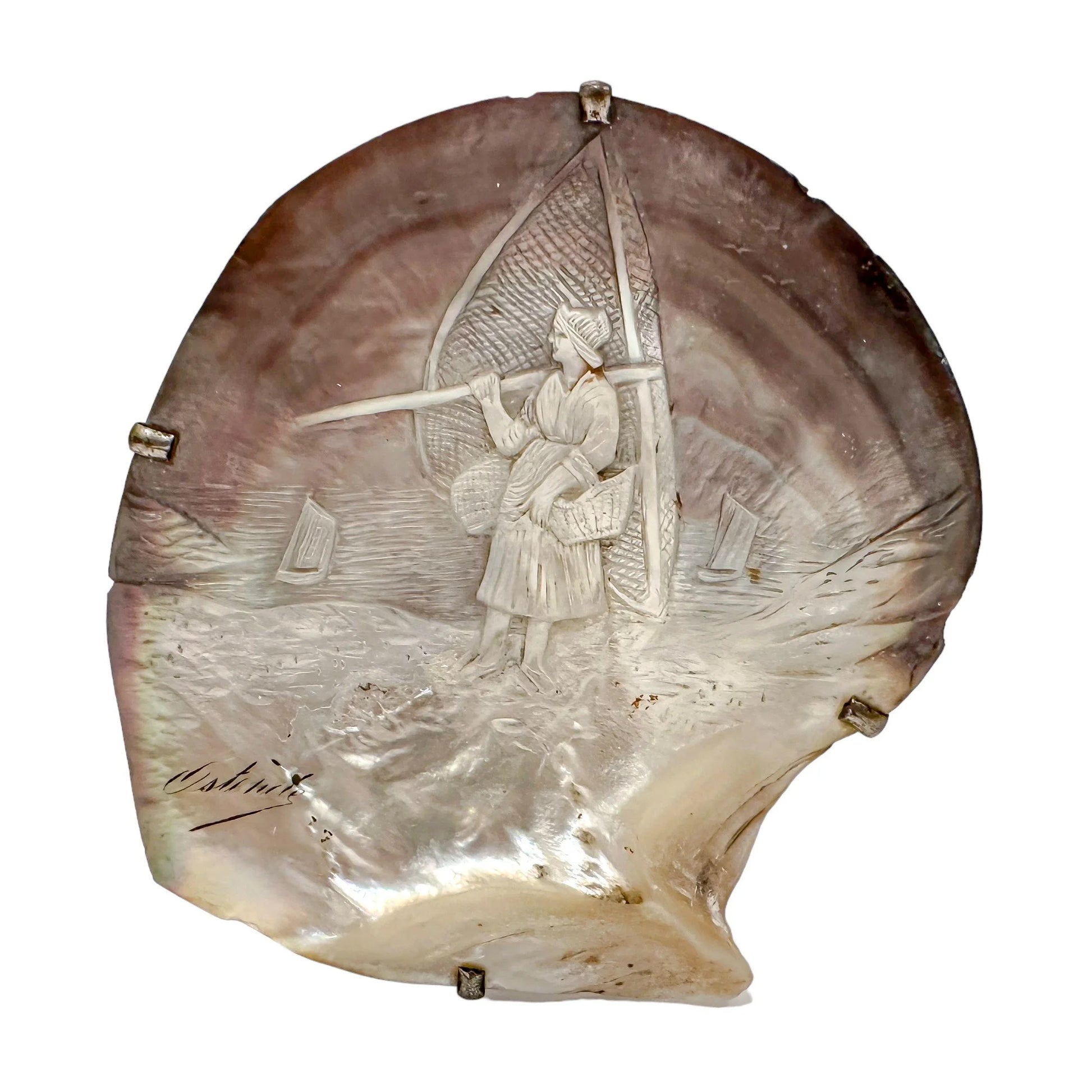 19th-century Flemish mother-of-pearl shell carving of fisherwoman