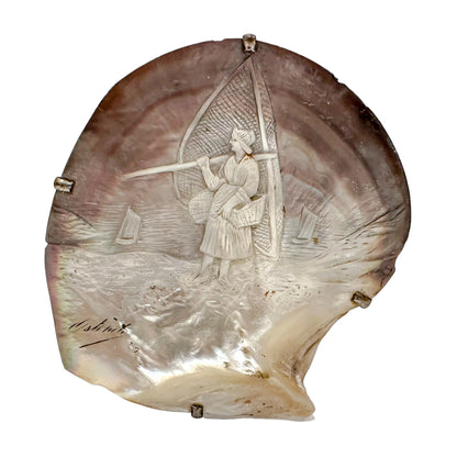 19th-century Flemish mother-of-pearl shell carving of fisherwoman