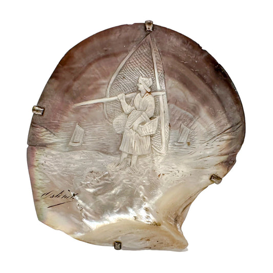 19th-century Flemish mother-of-pearl shell carving of fisherwoman