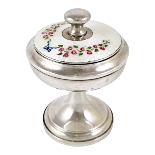 Art Deco sterling silver dressing table lidded pot with guilloche enamel cover and mirror