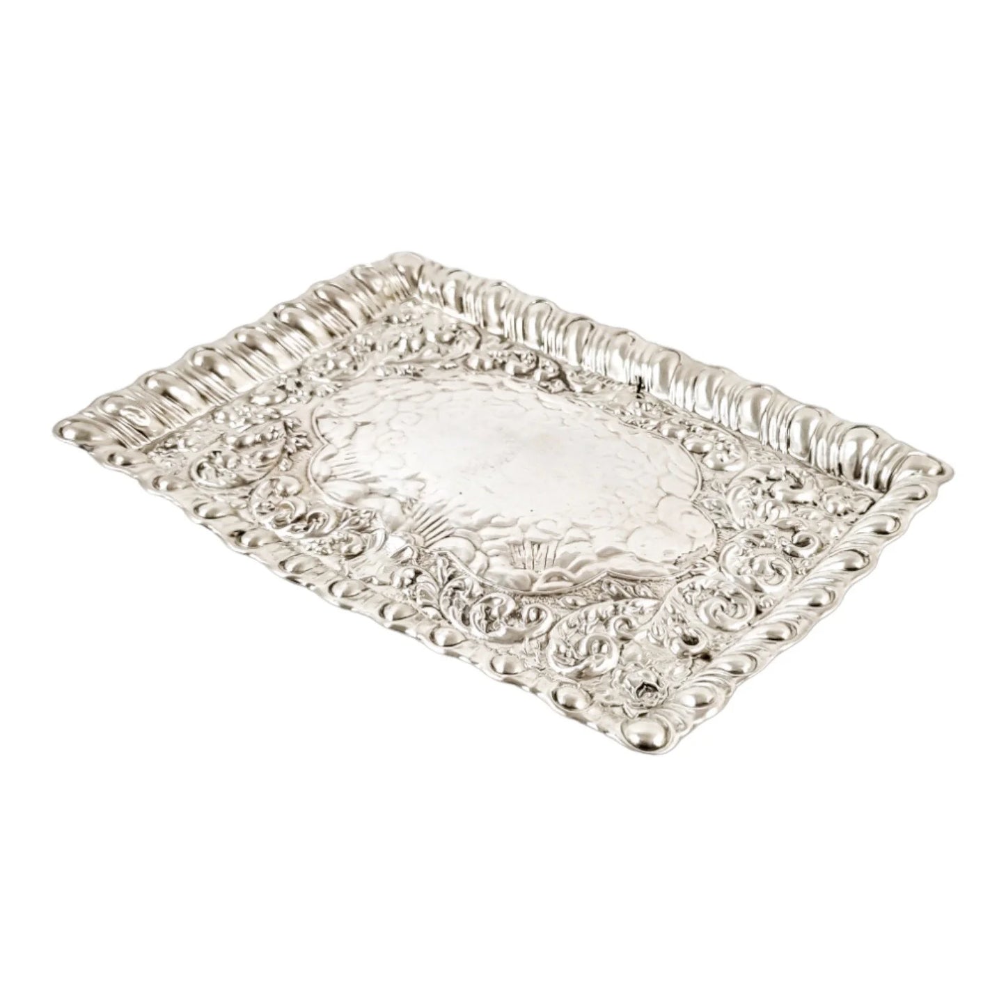 Art Nouveau sterling silver dressing table tray with embossed flowers, scrolls and leaves