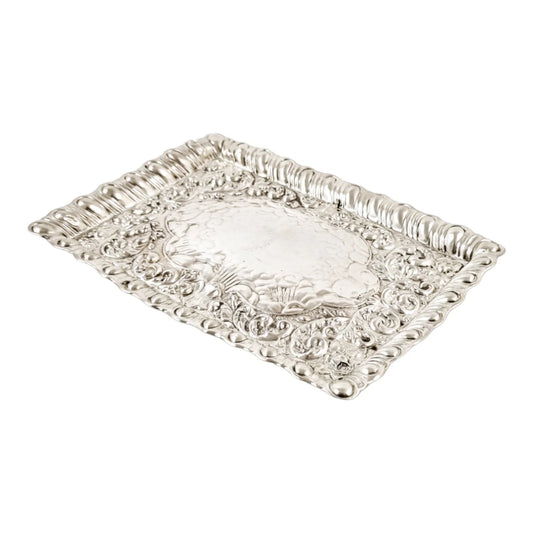 Art Nouveau sterling silver dressing table tray with embossed flowers, scrolls and leaves