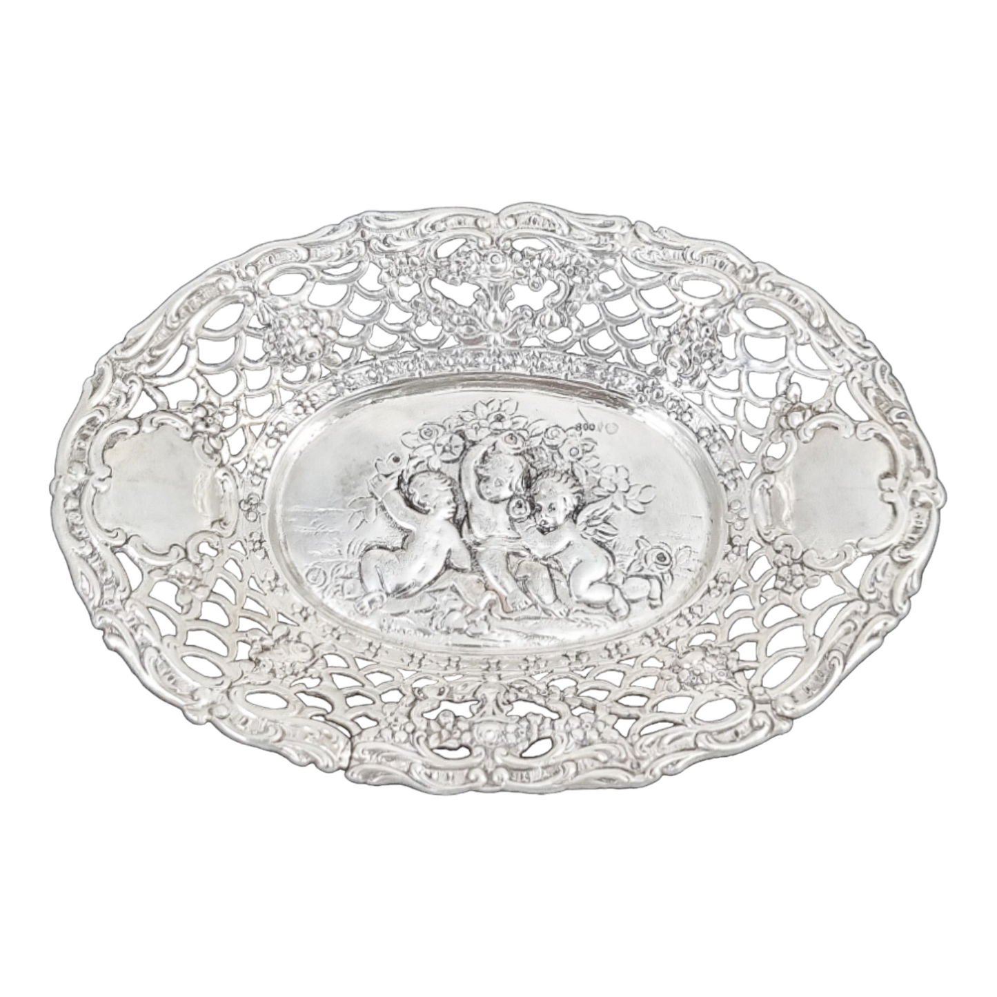 German silver pierced bonbon trinket dish with repousse cherubs and floral garlands
