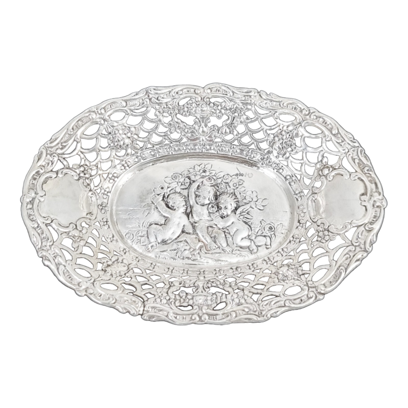 German silver pierced bonbon trinket dish with repousse cherubs and floral garlands