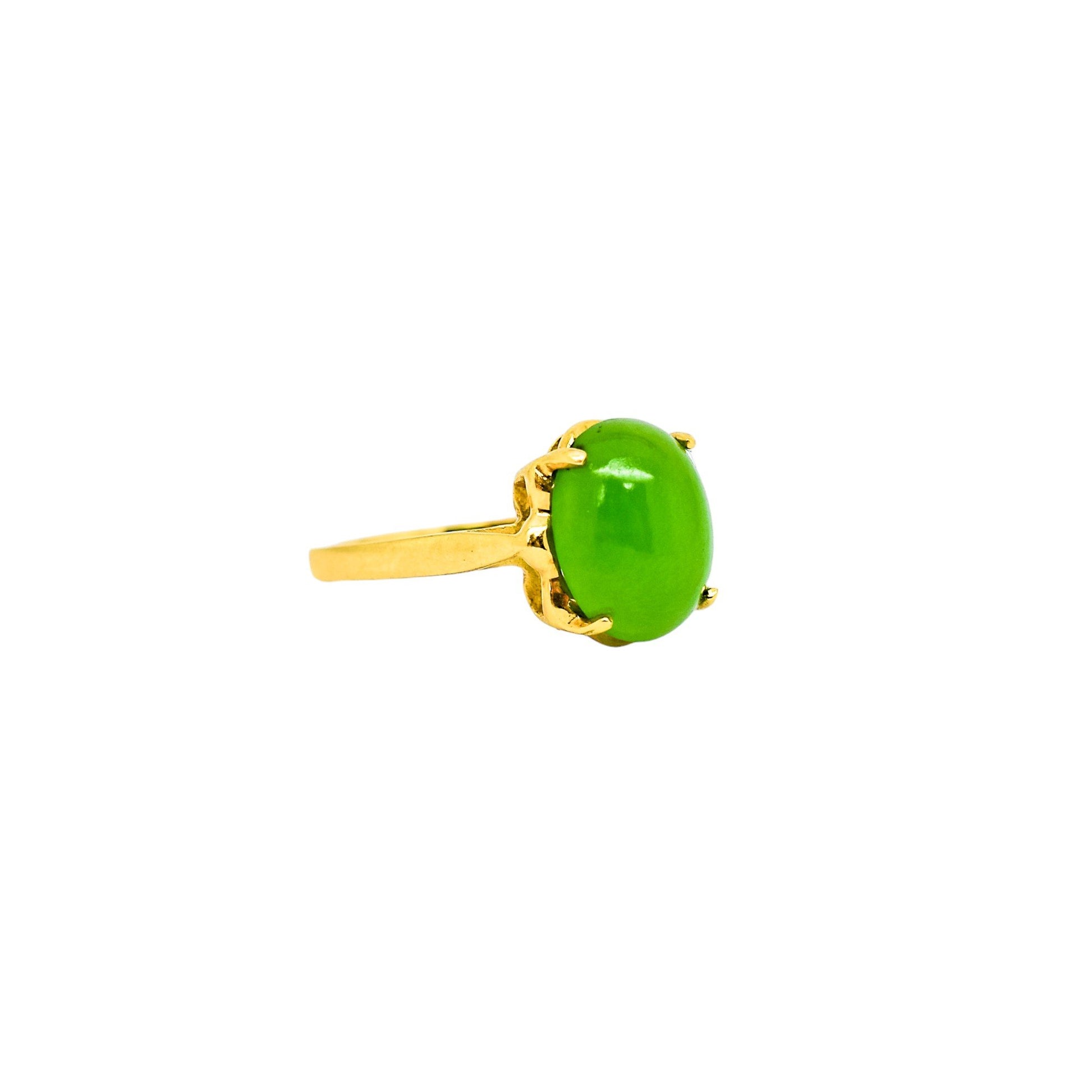 Art Deco 10k yellow gold 3.6ct green jade cabochon cocktail ring