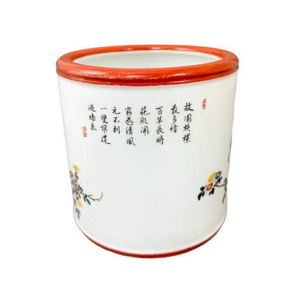 Chinese Republic porcelain brush pot in Yongzheng style with a butterfly and floral design