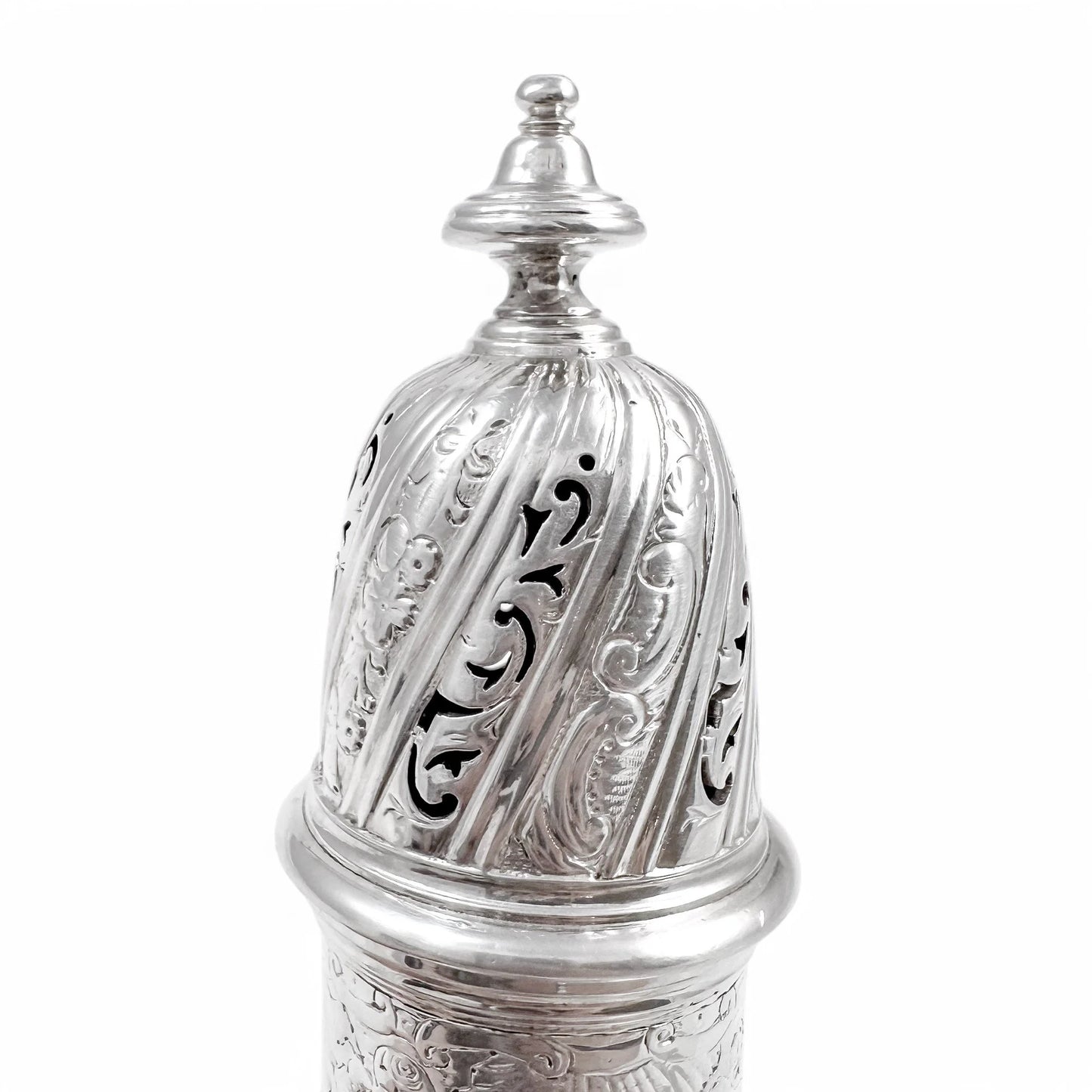 George II large sterling silver pepper pot / sugar sifter / muffineer, Samuel Wood, 1744