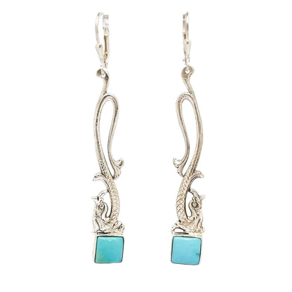 Sterling silver sea serpent dolphin dangle earrings with turquoise