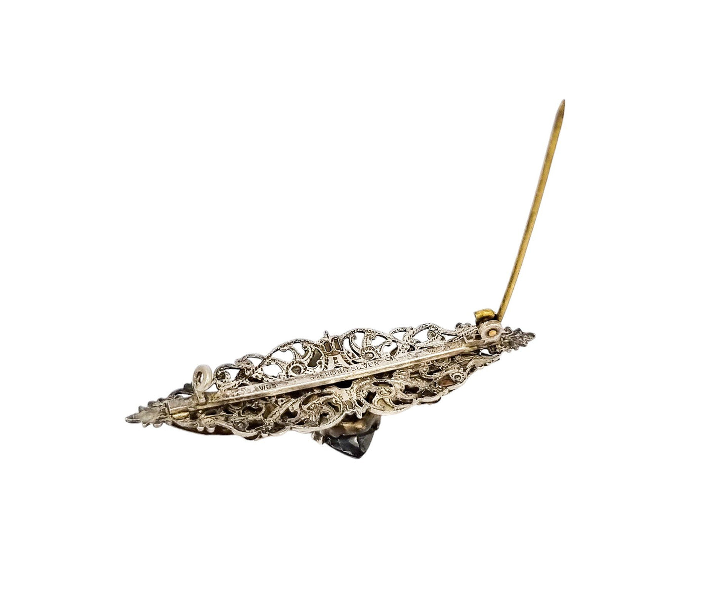 Edwardian Scottish silver blue rhinestone filigree leaf brooch