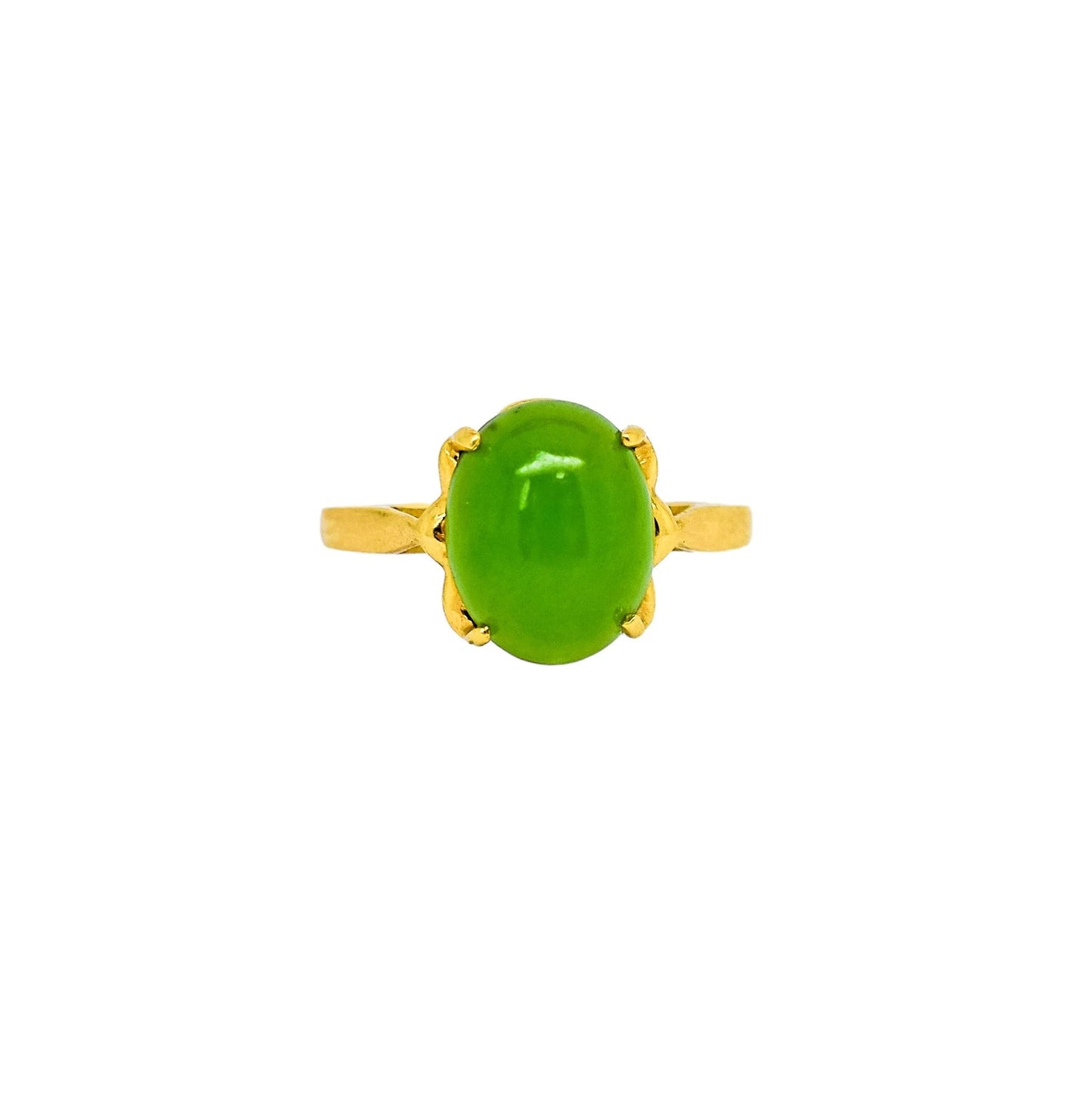 Art Deco 10k yellow gold 3.6ct green jade cabochon cocktail ring