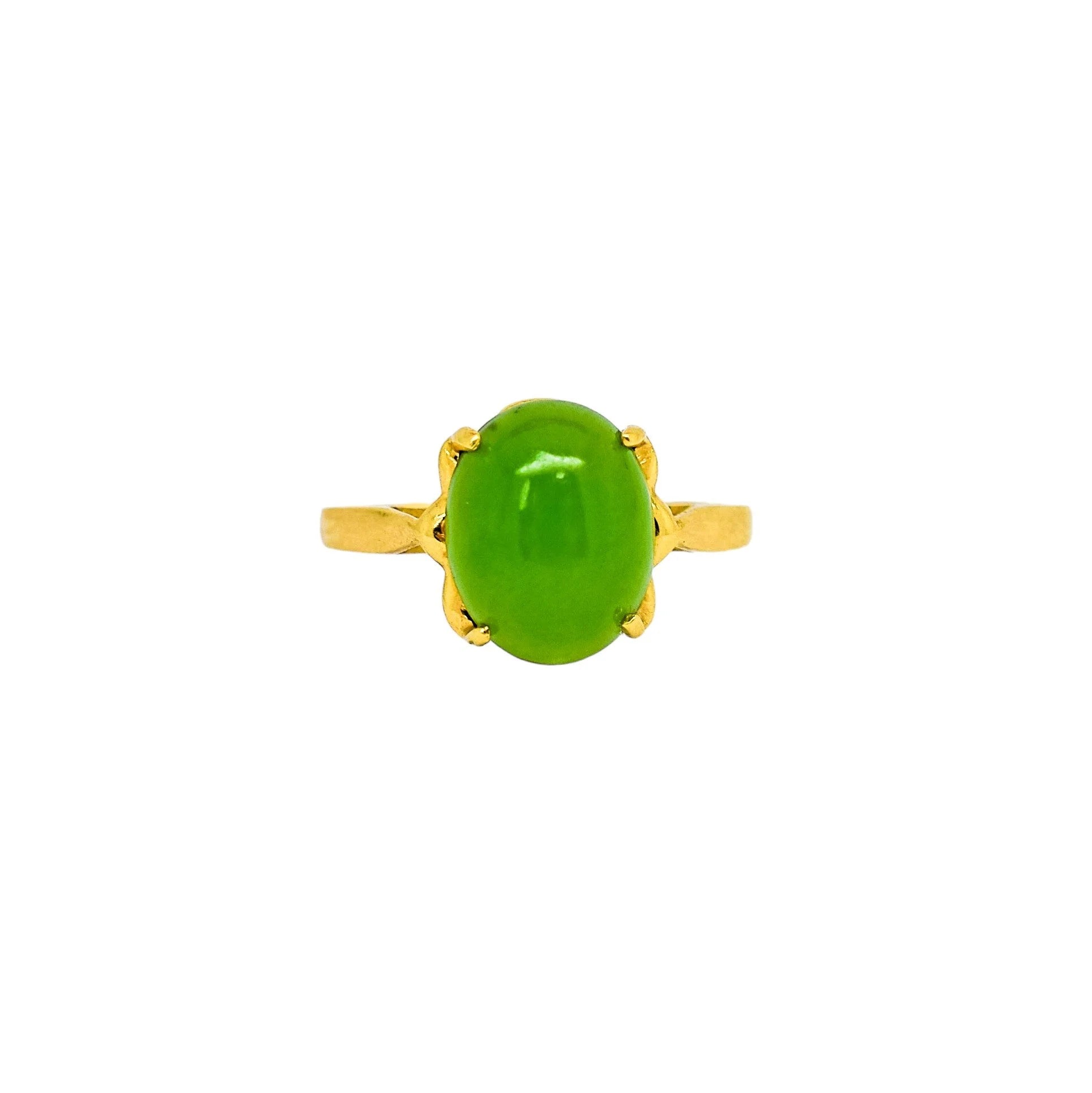 Art Deco 10k yellow gold 3.6ct green jade cabochon cocktail ring