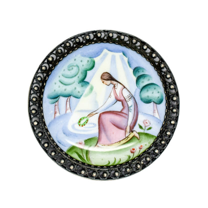 Vintage USSR Rostov Finift hand-painted enamel brooch of young maiden near river