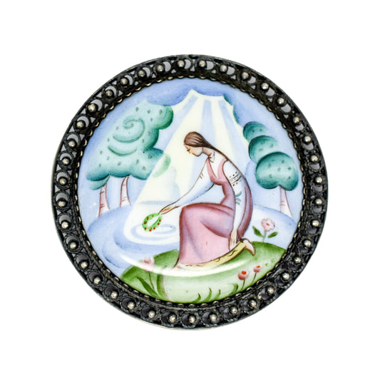 Vintage USSR Rostov Finift hand-painted enamel brooch of young maiden near river