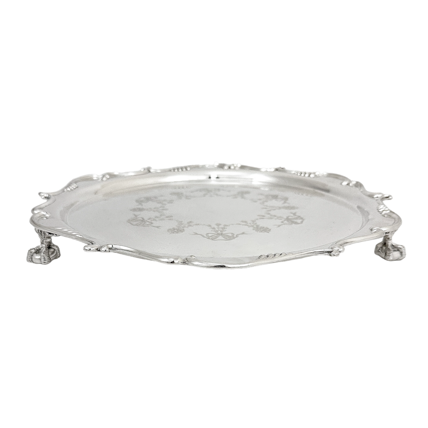 Silver plated Victorian salver in Neoclassical style with Chippendale border