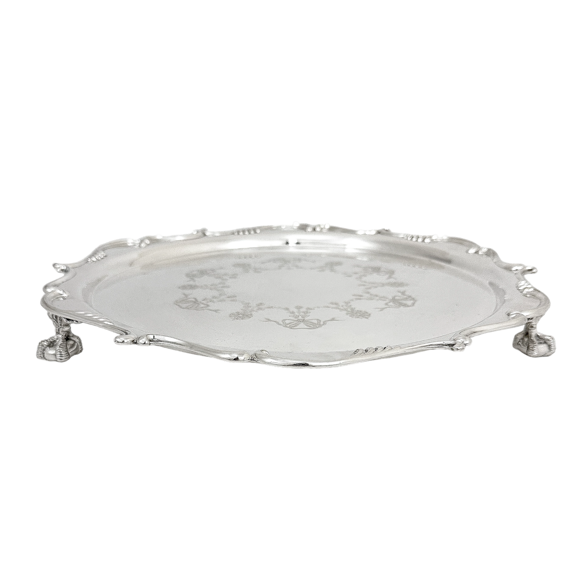 Silver plated Victorian salver in Neoclassical style with Chippendale border