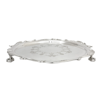 Silver plated Victorian salver in Neoclassical style with Chippendale border