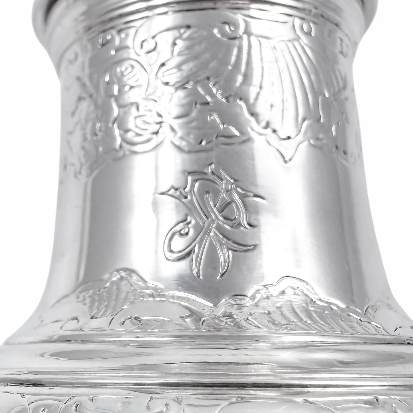 George II large sterling silver pepper pot / sugar sifter / muffineer, Samuel Wood, 1744
