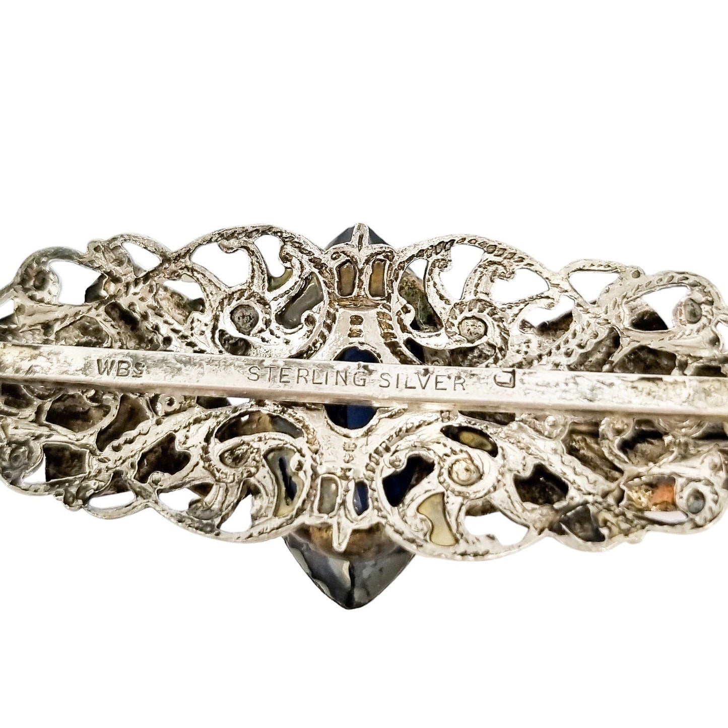 Edwardian Scottish silver blue rhinestone filigree leaf brooch