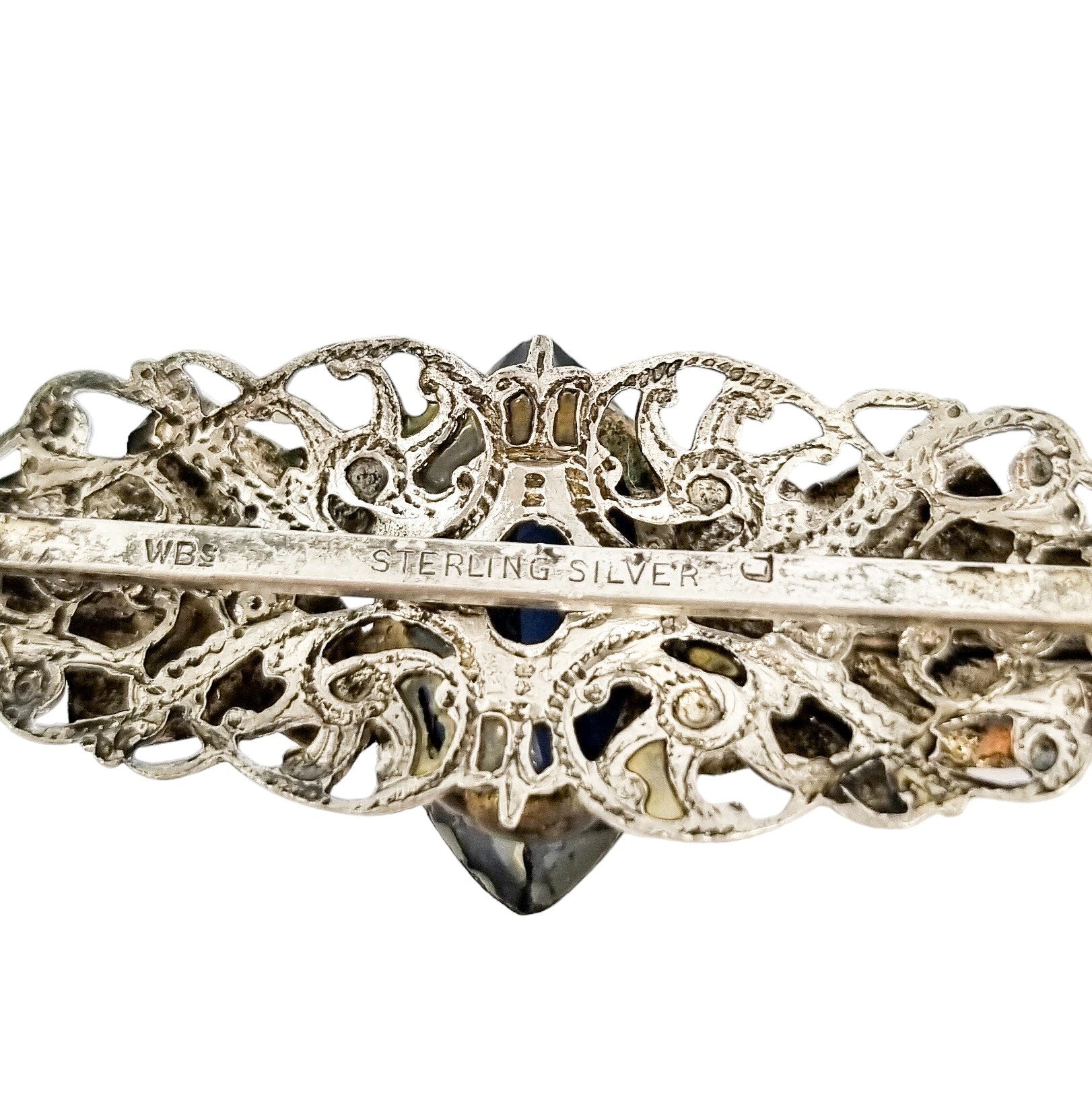 Edwardian Scottish silver blue rhinestone filigree leaf brooch