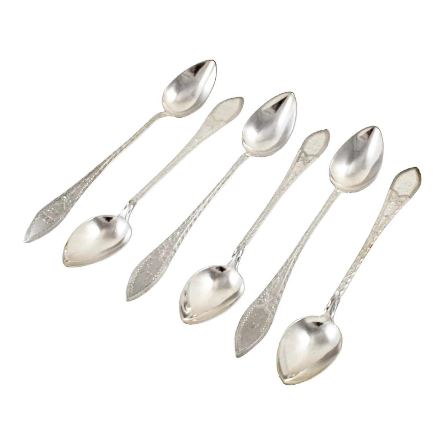 Antique set 6 Danish solid silver long bright-cut teaspoons, I. Bronee (1904)