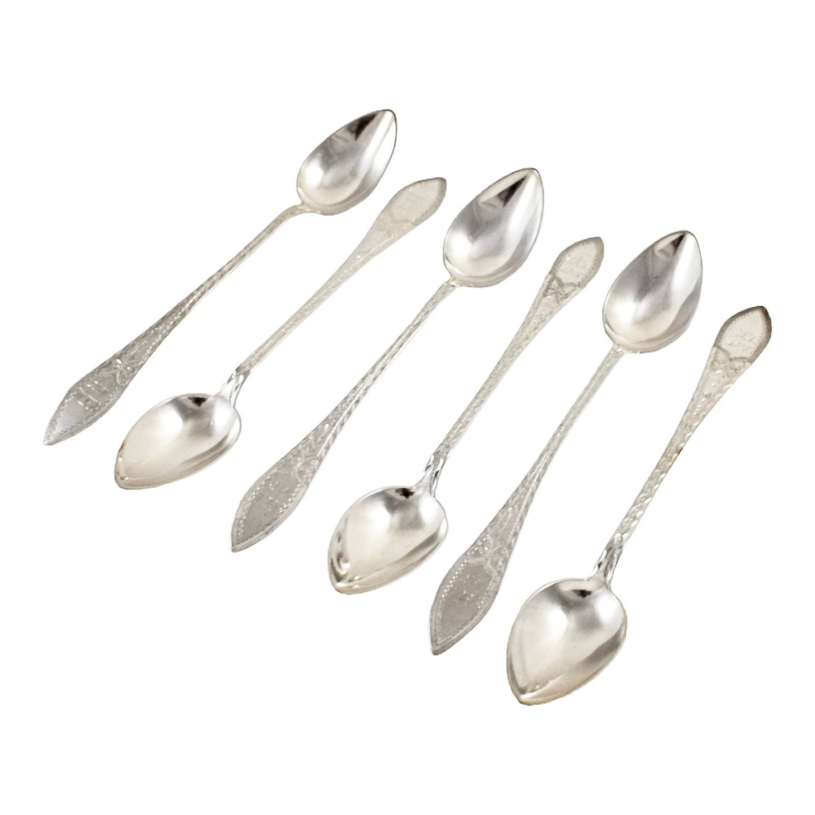 Antique set 6 Danish solid silver long bright-cut teaspoons, I. Bronee (1904)