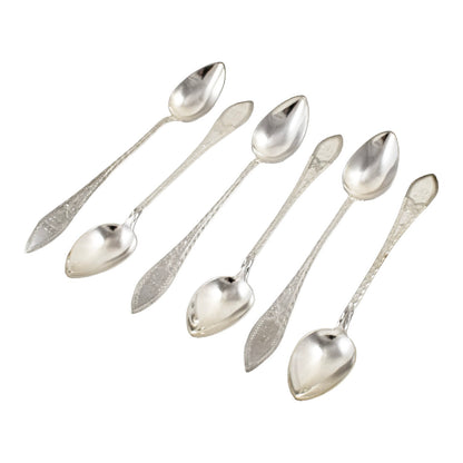 Antique set 6 Danish solid silver long bright-cut teaspoons, I. Bronee (1904)