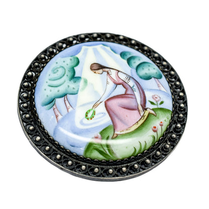 Vintage USSR Rostov Finift hand-painted enamel brooch of young maiden near river