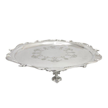 Silver plated Victorian salver in Neoclassical style with Chippendale border