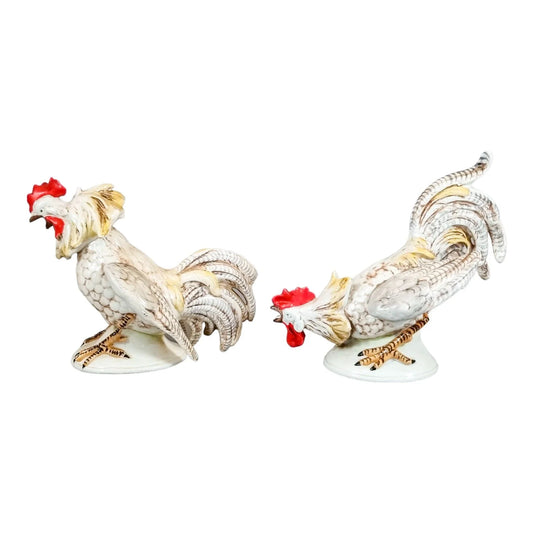 Italian ceramic figurines of roosters, hand-painted in bright polychrome enamels c. 1960's