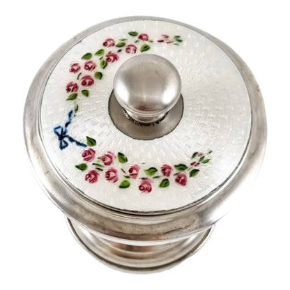 Art Deco sterling silver dressing table lidded pot with guilloche enamel cover and mirror