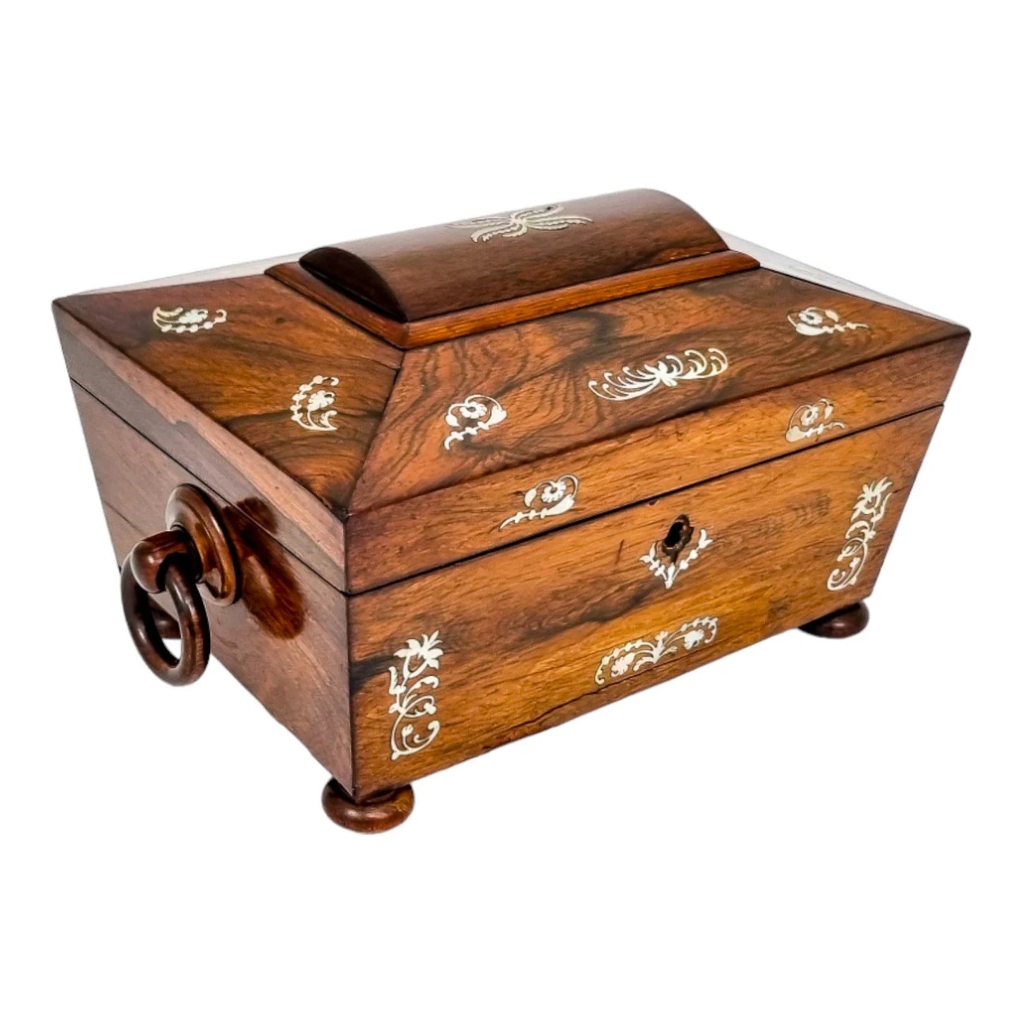 Early Victorian rosewood sarcophagus jewellery case with mother-of-pearl inlay