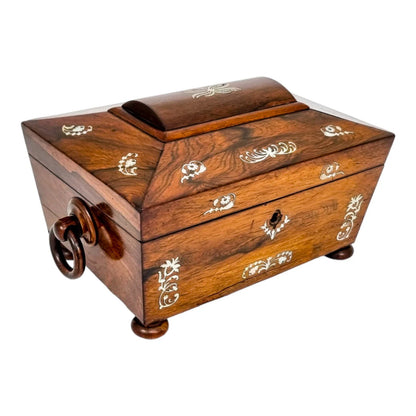 Early Victorian rosewood sarcophagus jewellery case with mother-of-pearl inlay