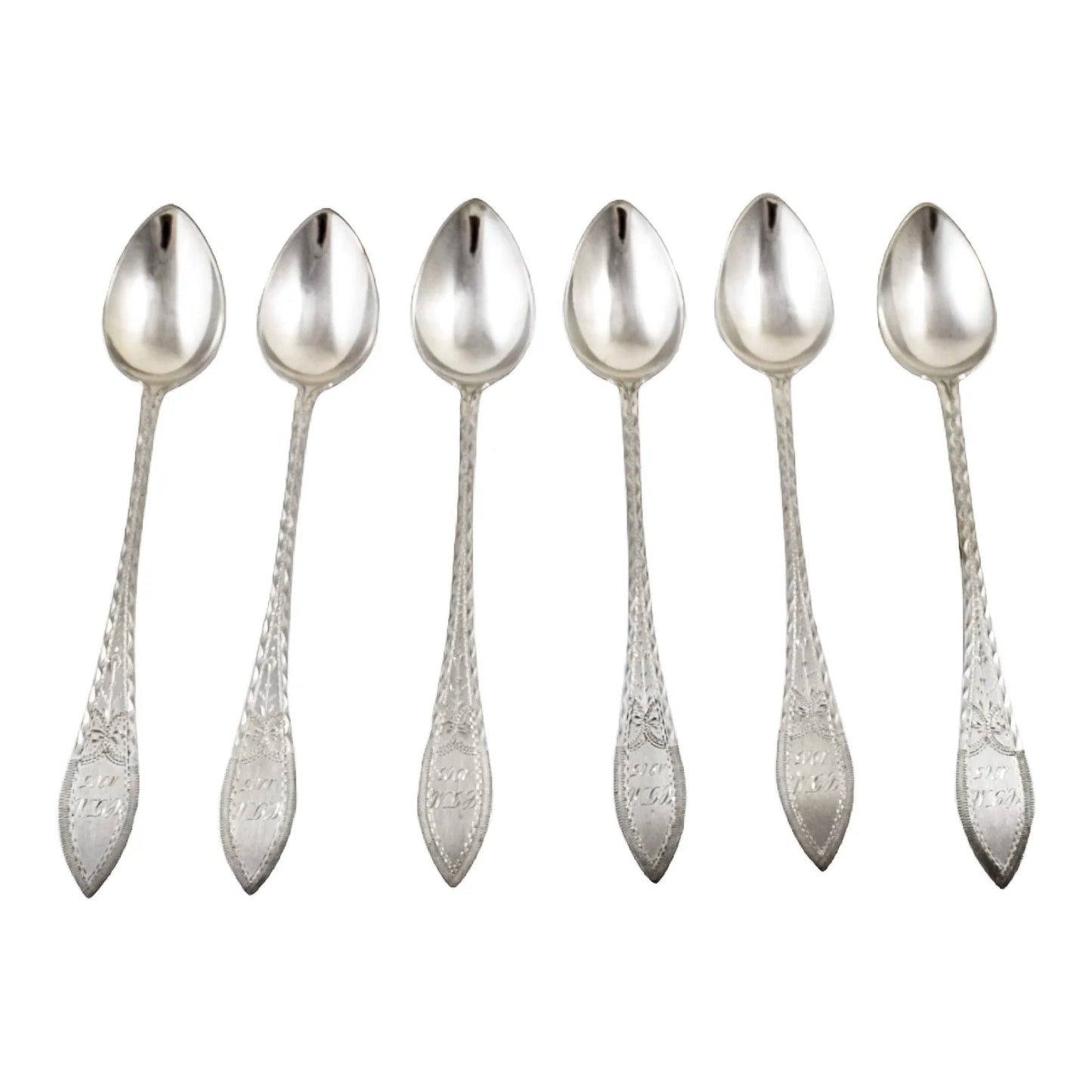 Antique set 6 Danish solid silver long bright-cut teaspoons, I. Bronee (1904)